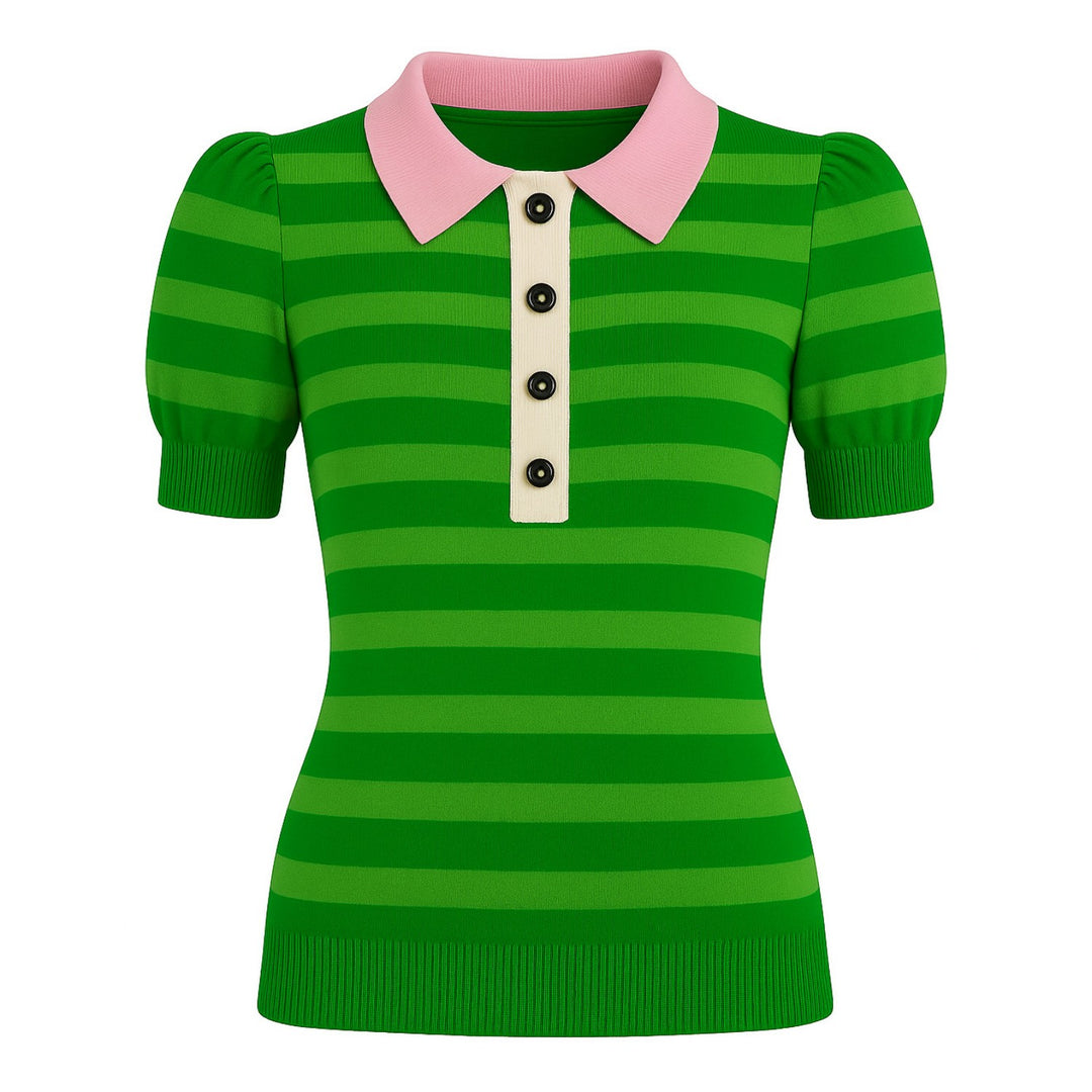Women's green striped puffed sleeve knitted polo shirt