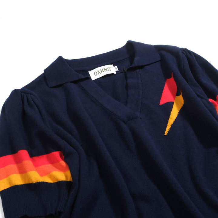 Pólo feminino em malha jacquard relâmpago manga bufante