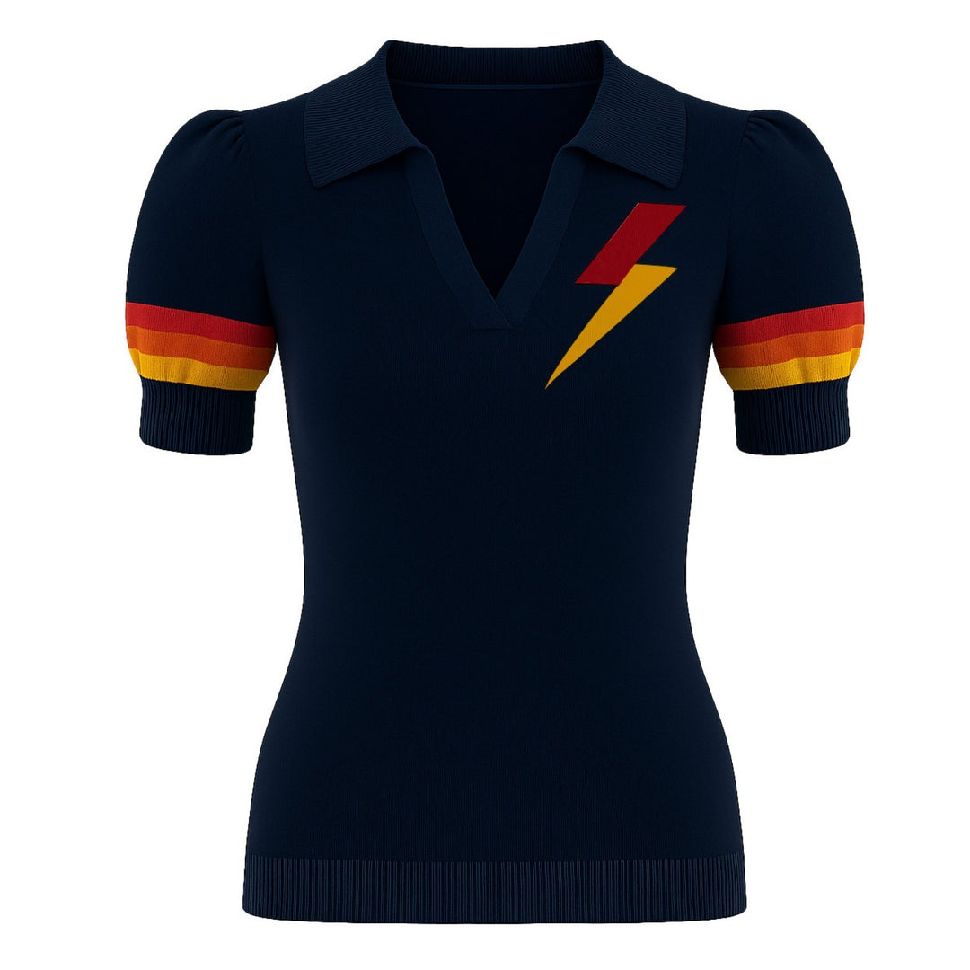 Women's lightning jacquard puffed sleeve knitted polo