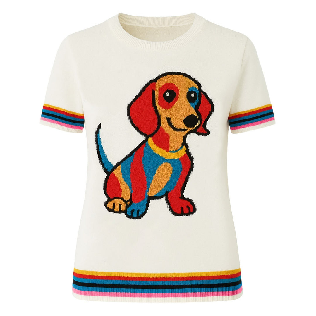 Women's white vintage puppy jacquard knit T-shirt