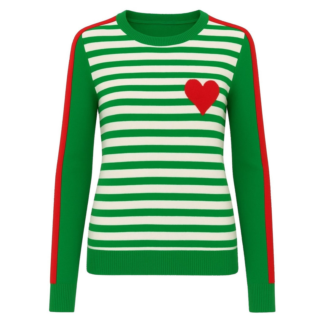 Women's green striped heart-shaped jacquard vintage knitwear
