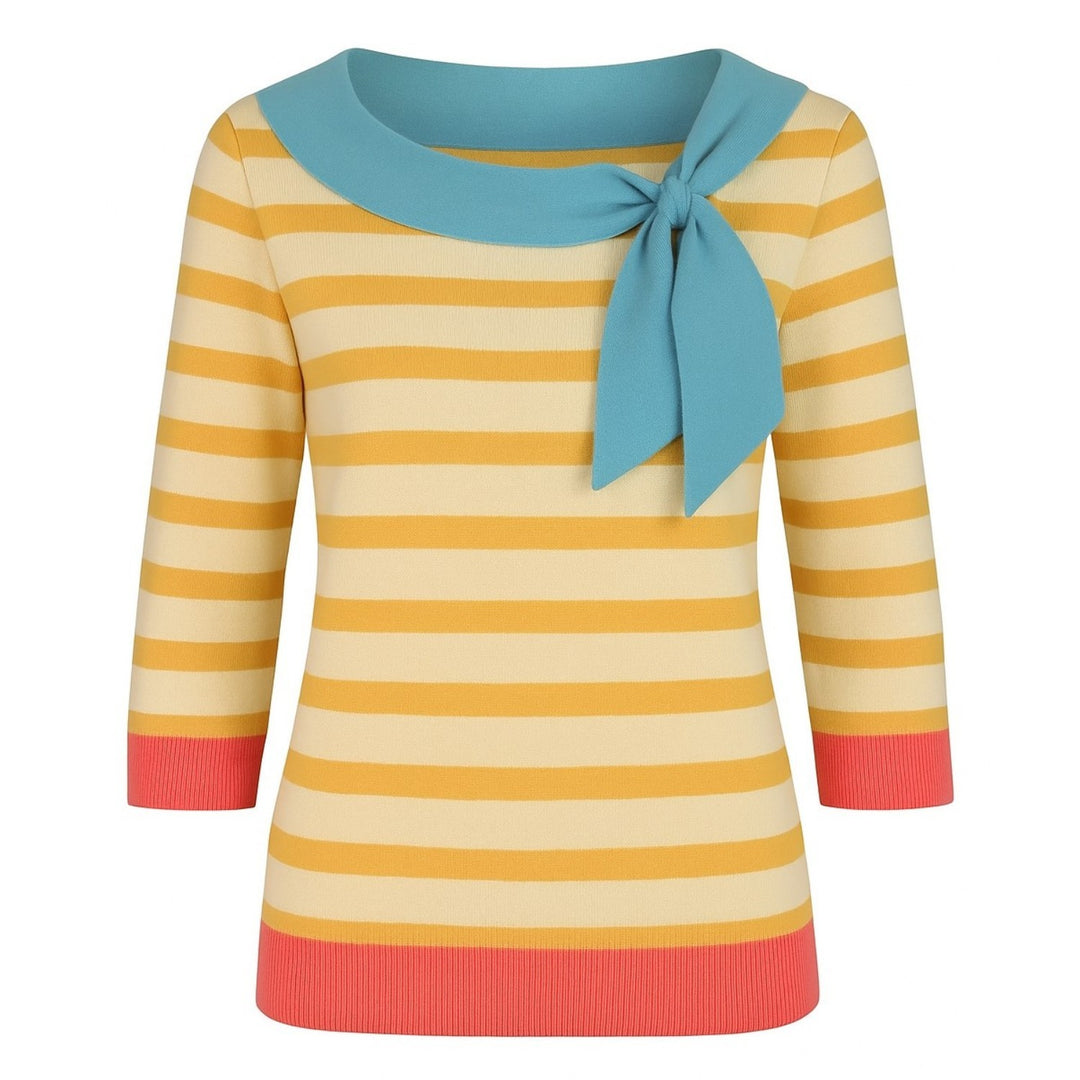 Women's yellow striped cropped sleeve knit T-shirt