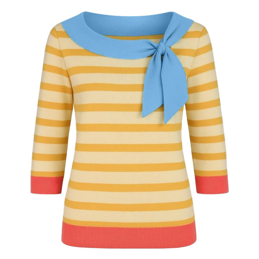 T-skjorte i strikket gul stripete ermer for kvinner