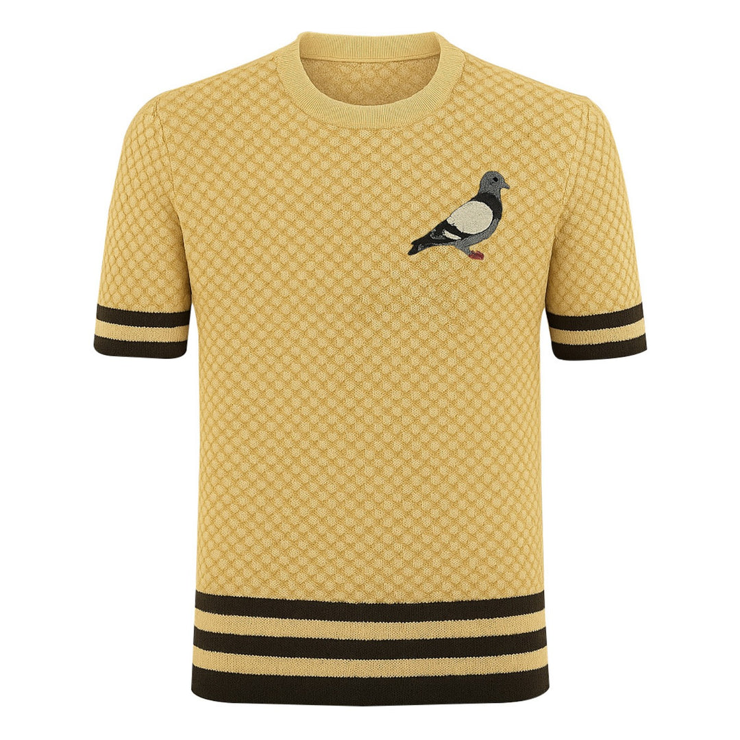 Men's yellow vintage jacquard embroidered knitted T-shirt