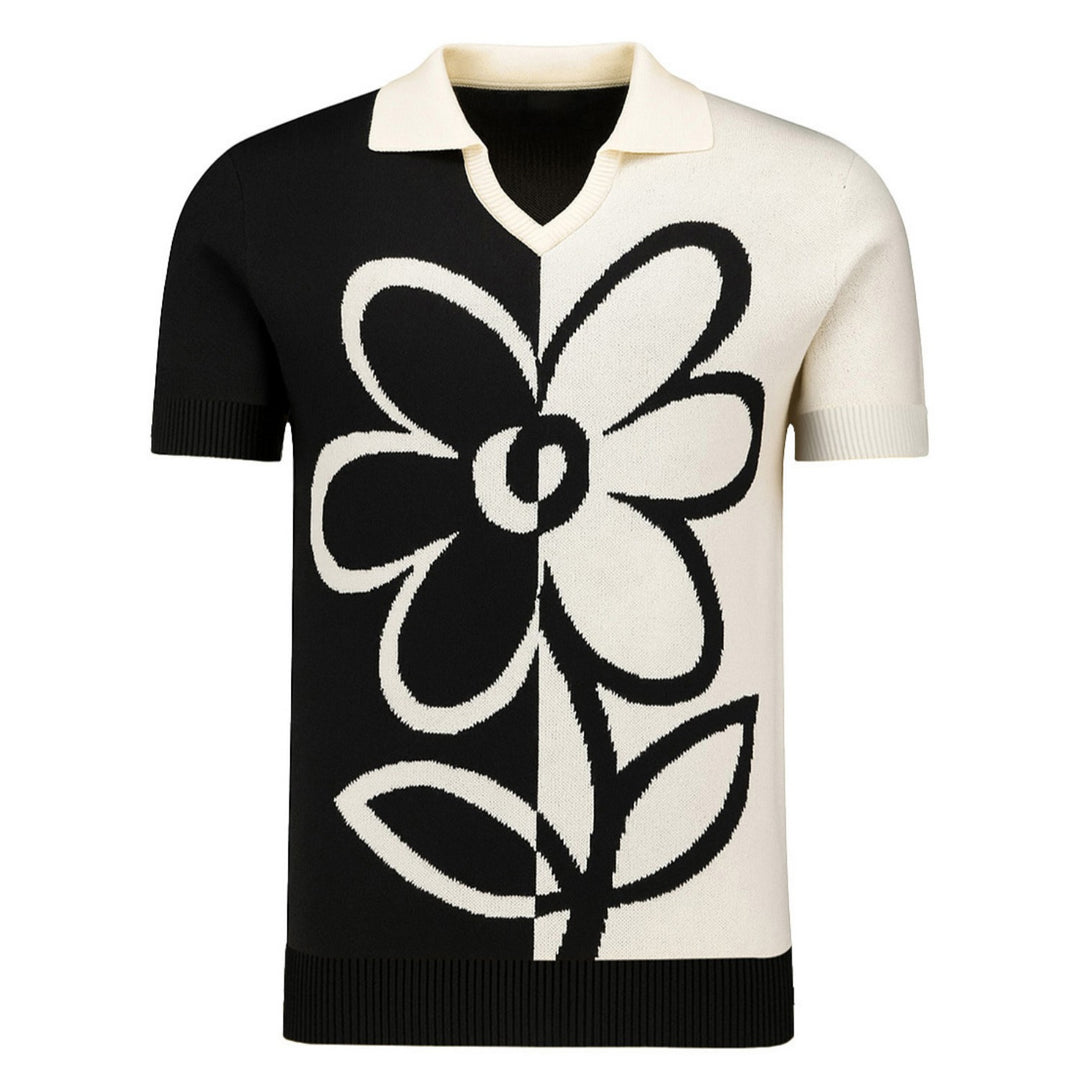 Men's color-blocked floral jacquard V-neck knitted polo shirt