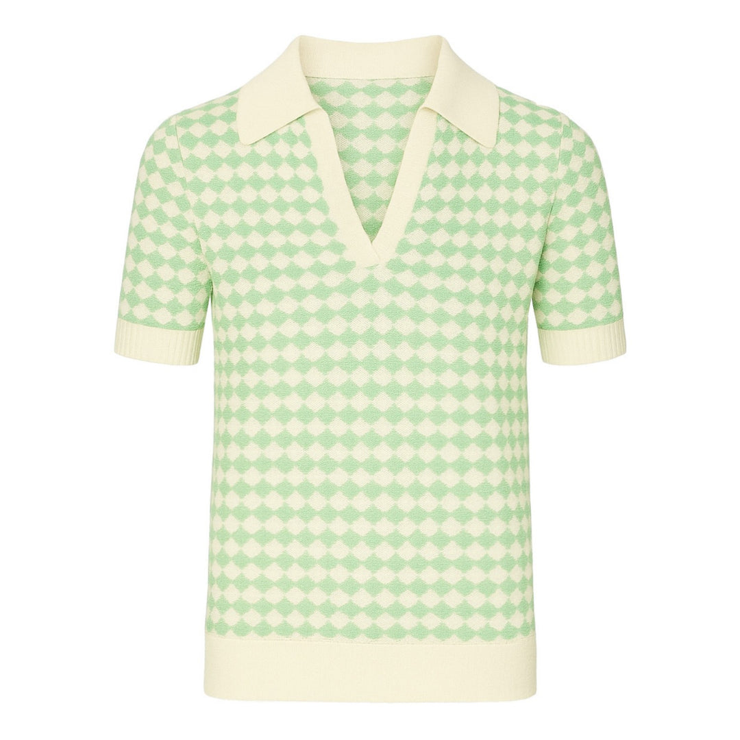 Men's green checkered jacquard knitted polo shirt