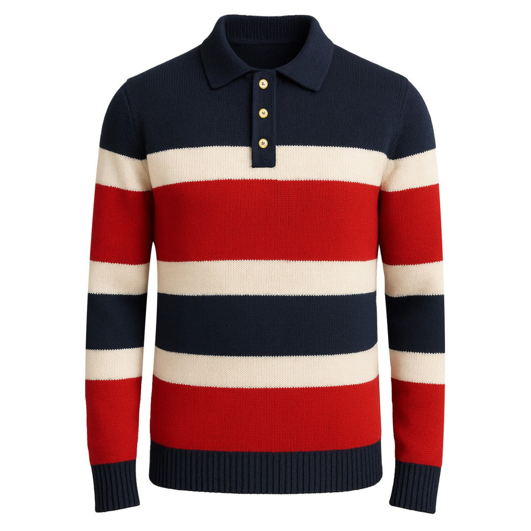 Men's red striped vintage knitted long-sleeved polo shirt