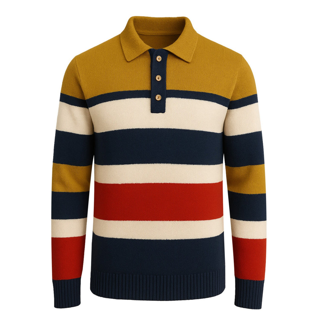 Men's multi-color striped retro-style knitted polo shirt