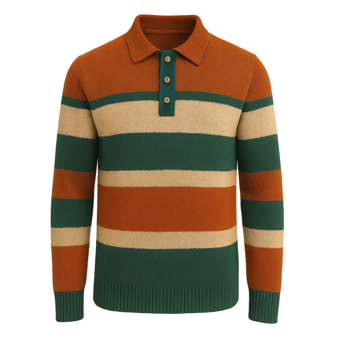 Men's orange and green striped jacquard knitted polo shirt