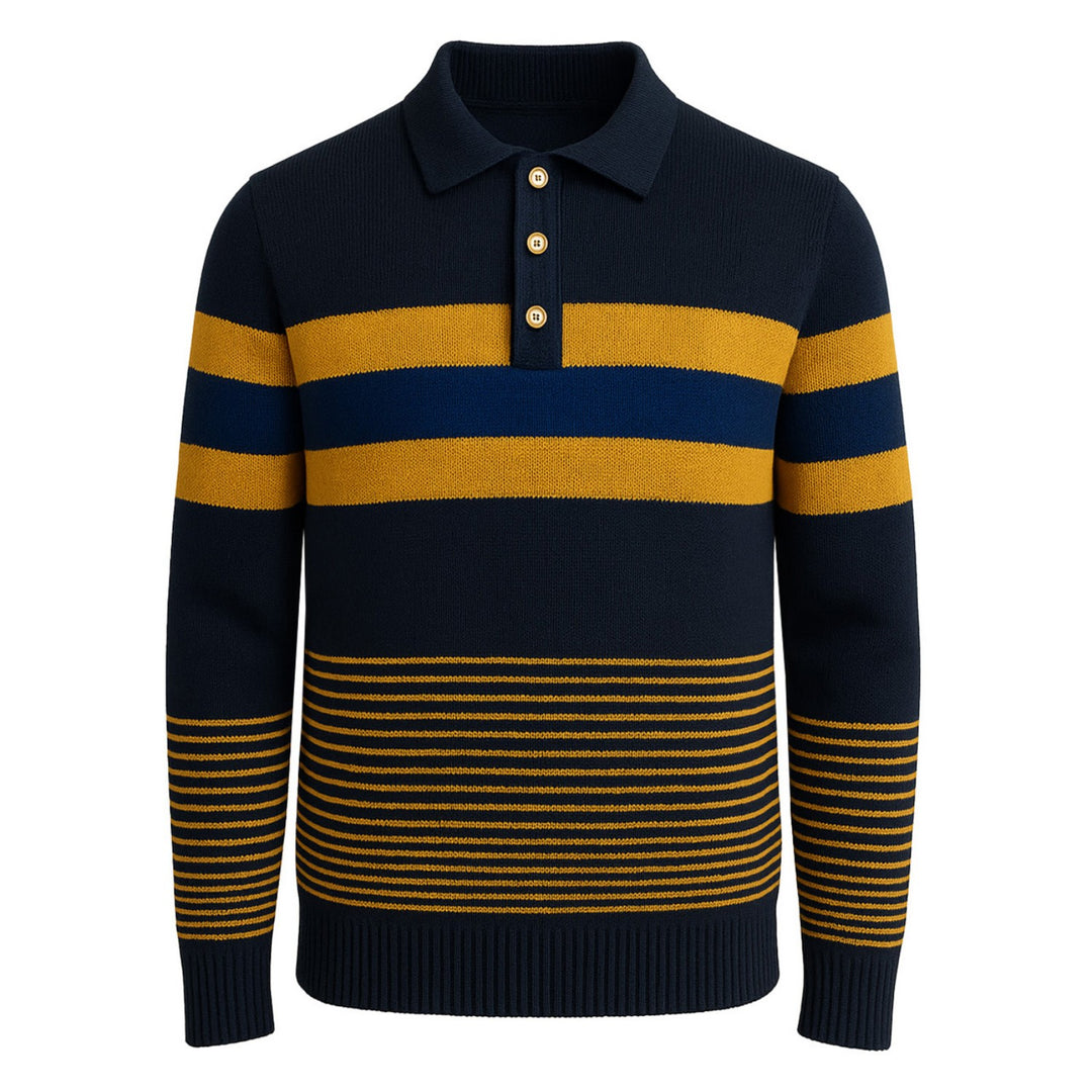 Donkerblauw gestreept retro gebreid herenpoloshirt