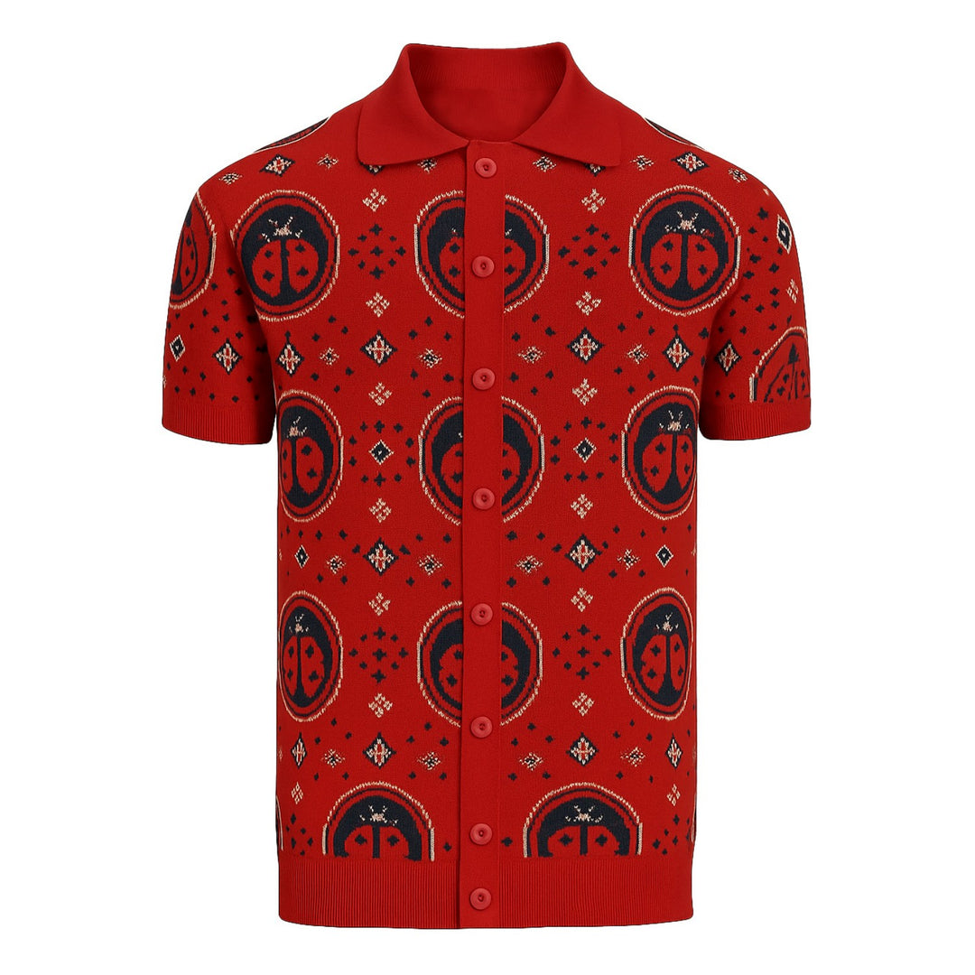 Men's red vintage ladybug jacquard knitted cardigan
