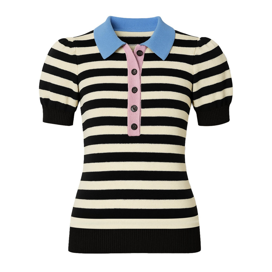 Women's black striped bubble sleeve knitted polo