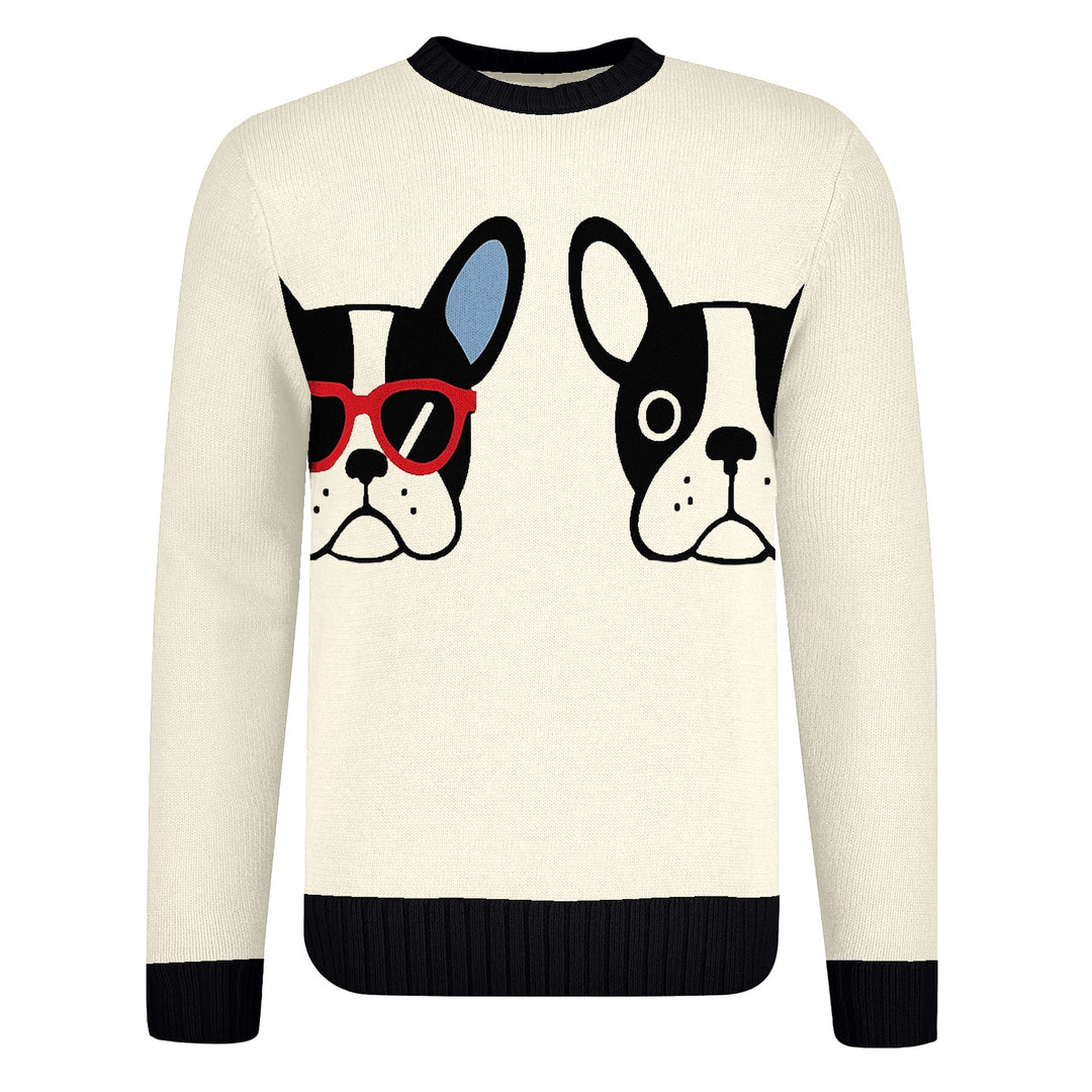 Men's white French bulldog jacquard vintage knitwear