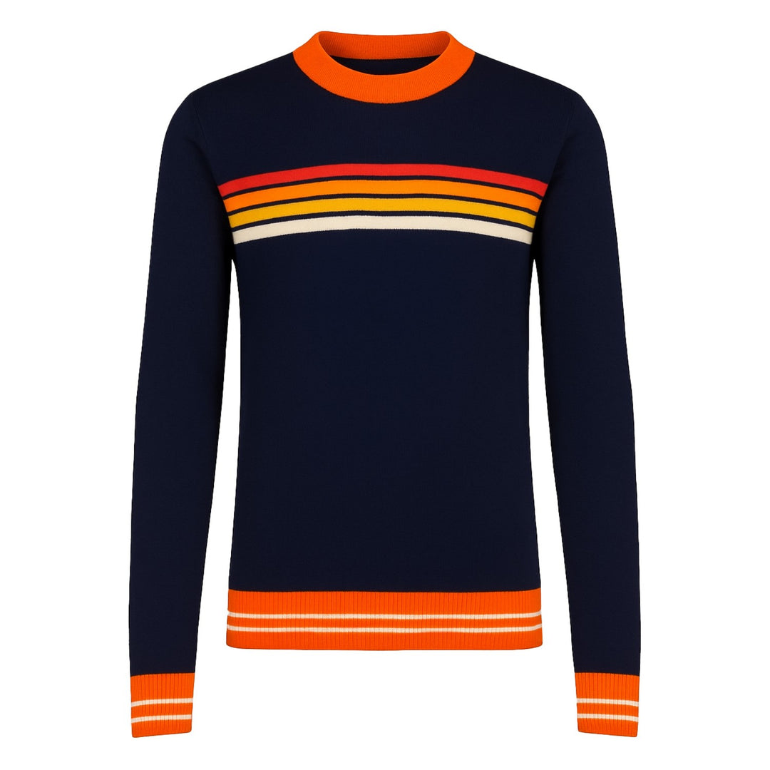 Men's dark blue striped jacquard vintage knitwear