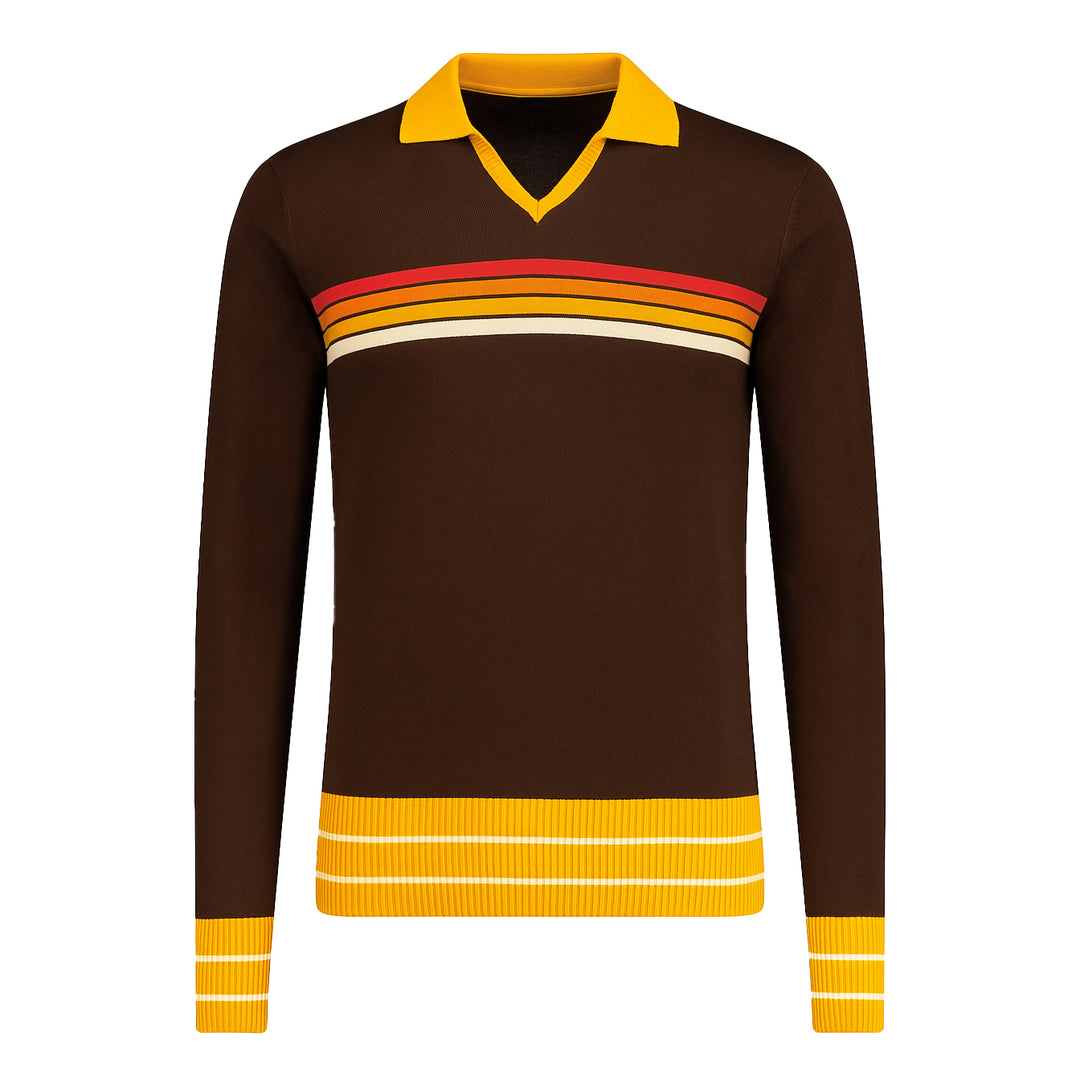 Men's brown vintage striped V-neck polo knitwear