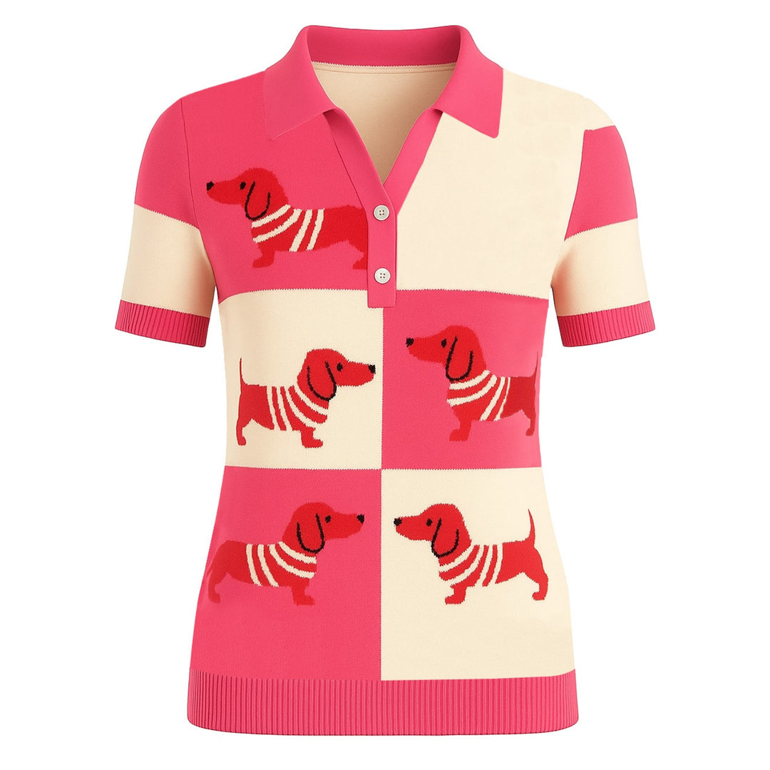 Women's Dachshund jacquard knitted V-neck polo
