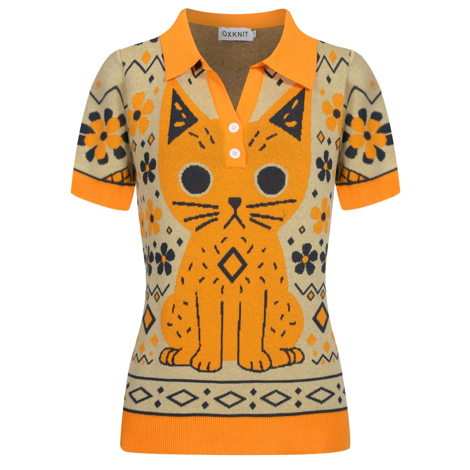 NKNIT cat jacquard KNIT YELLOW(cat)⓪ Women's yellow Cat vintage jacquard knit V-neck polo – OXKnit
