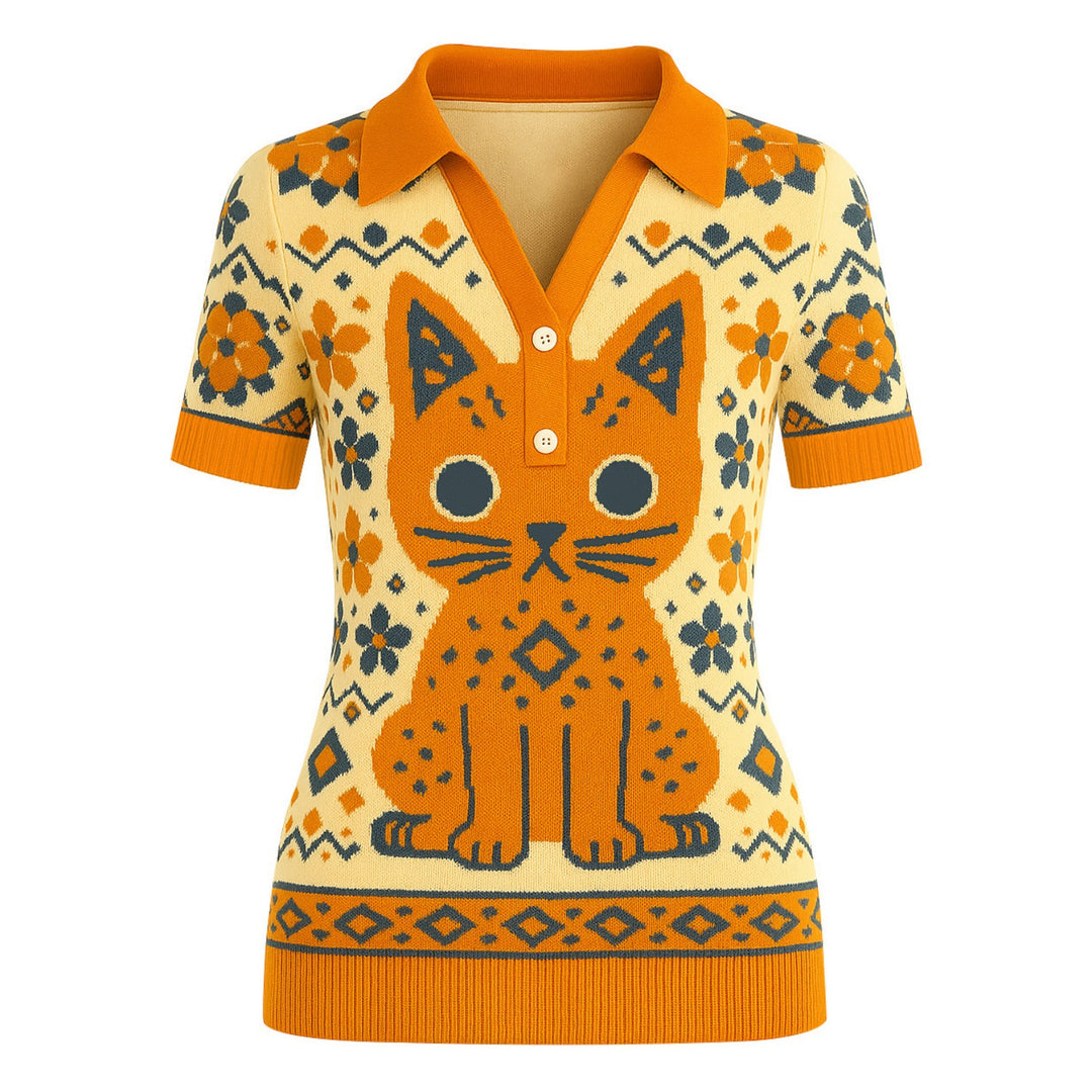 Women's yellow Cat vintage jacquard knit V-neck polo