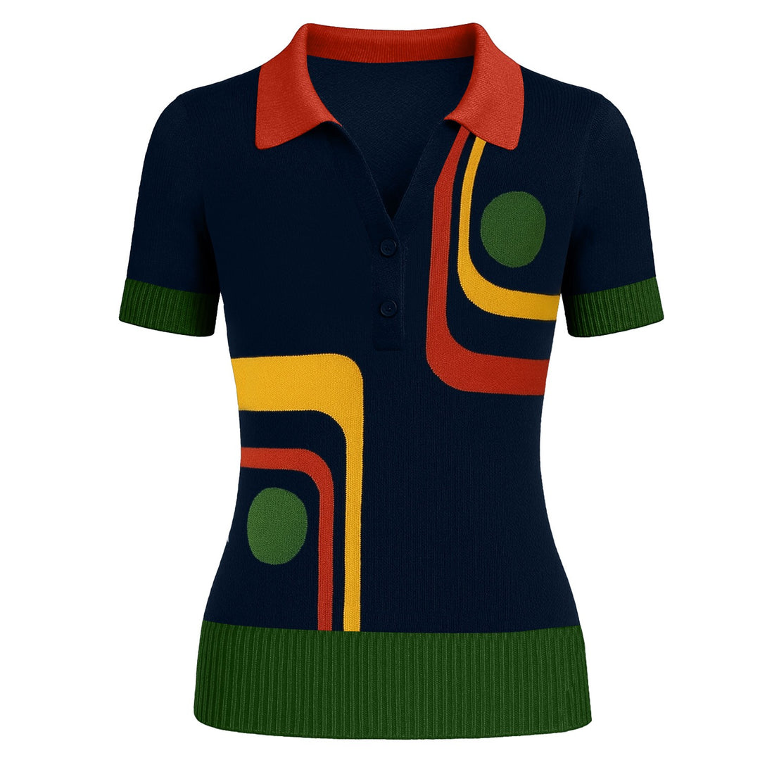 Women's dark blue retro art knitted V-neck polo