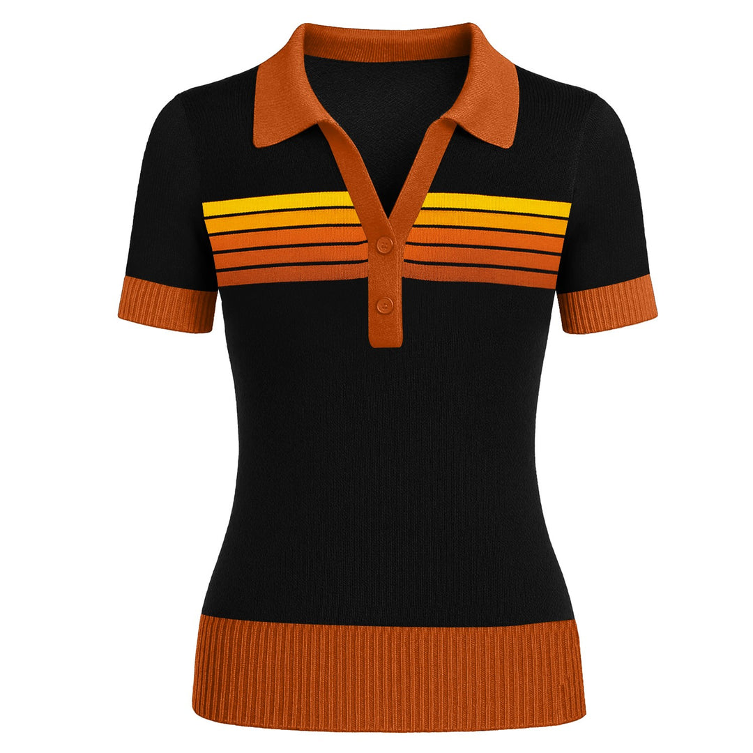 Women's black vintage art striped Jacquard V-neck polo