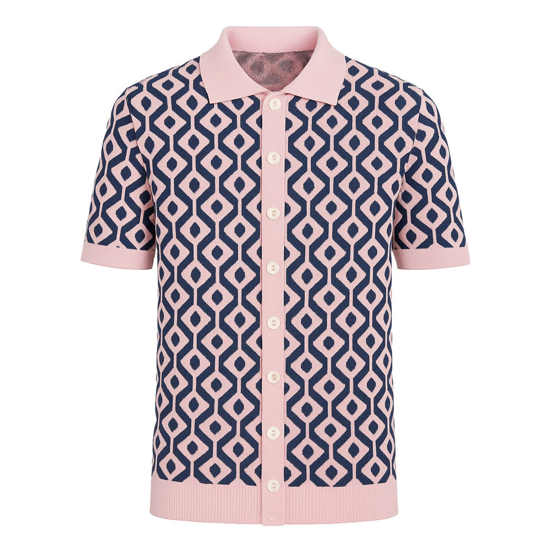 Men's pink jacquard vintage knitted cardigan