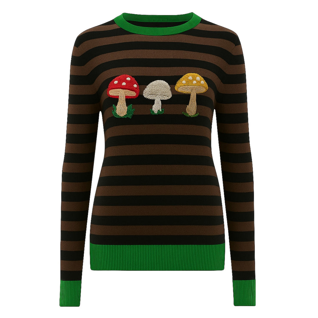 Women's brown striped mushroom embroidery knitwear