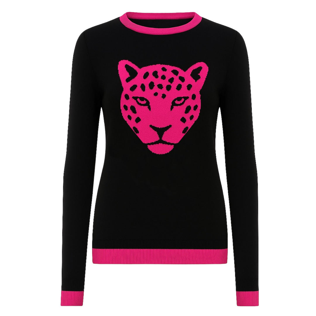 Women's black leopard jacquard vintage knitwear