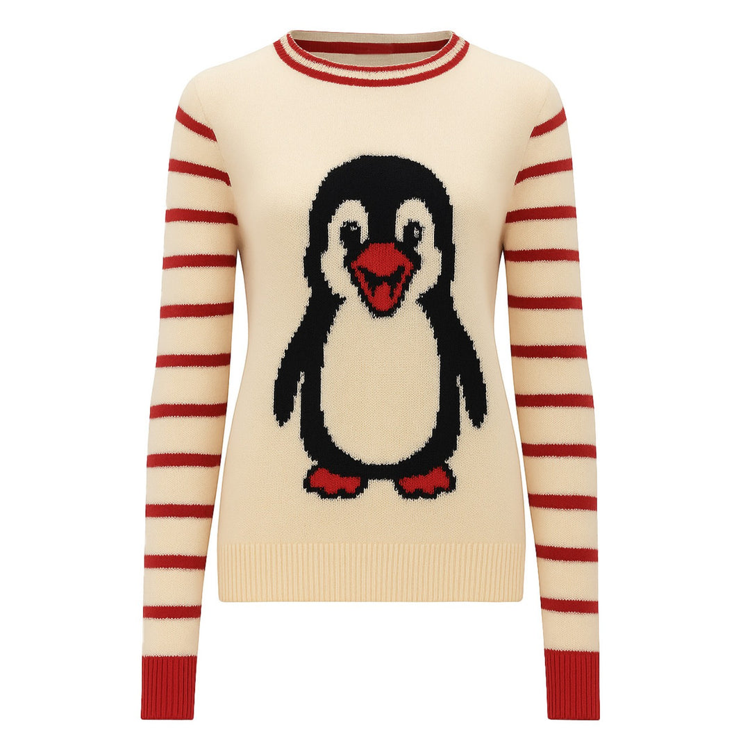 Women's apricot penguin jacquard vintage knitwear