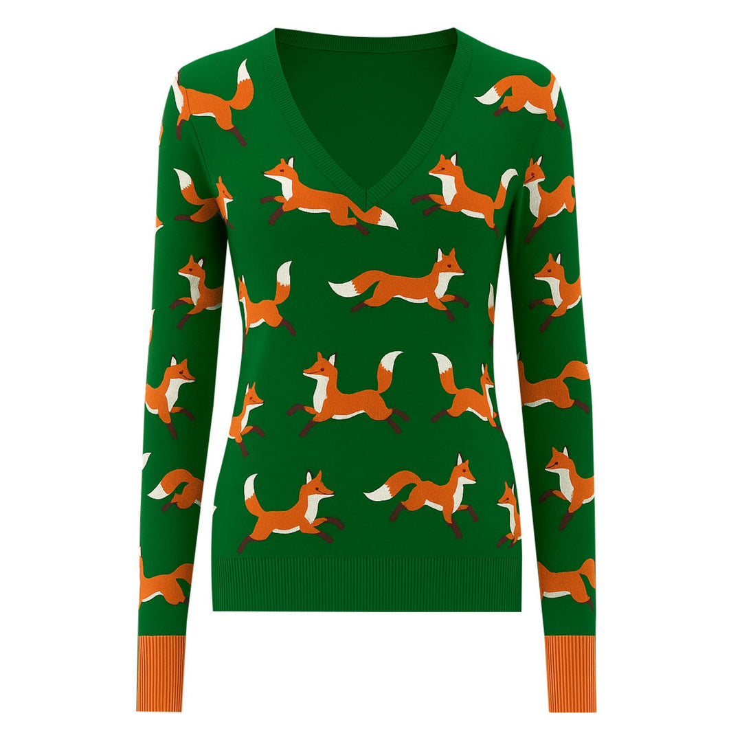 Women's green vintage fox jacquard knitwear