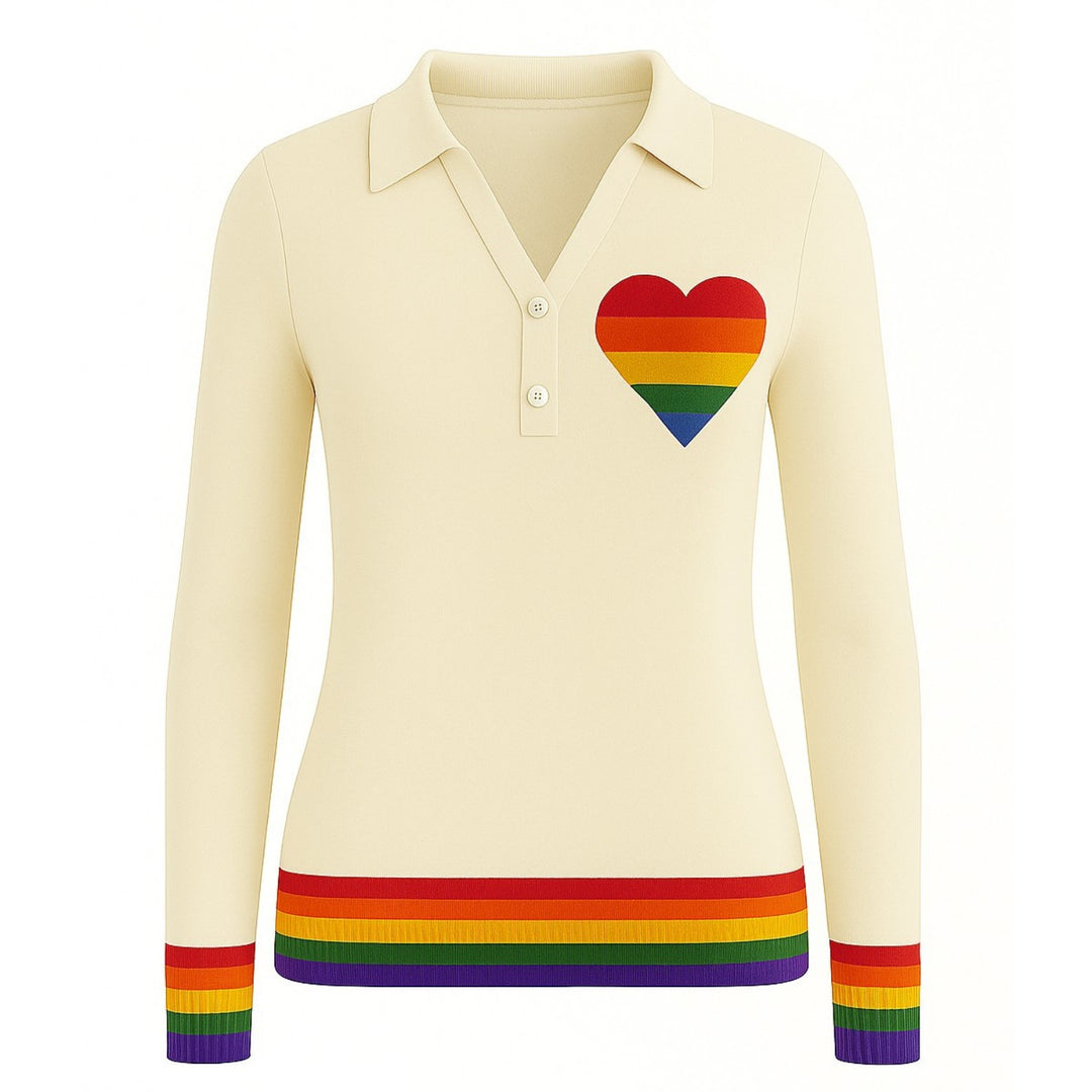 Women apricot rainbow love stripe V-neck polo