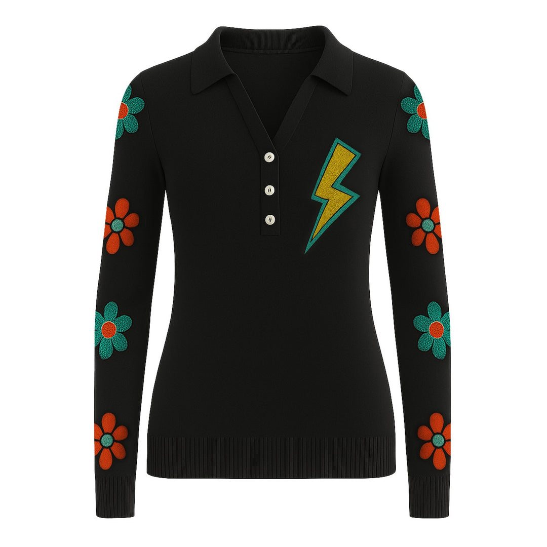 Women's black lightning flower vintage V-neck knitwear