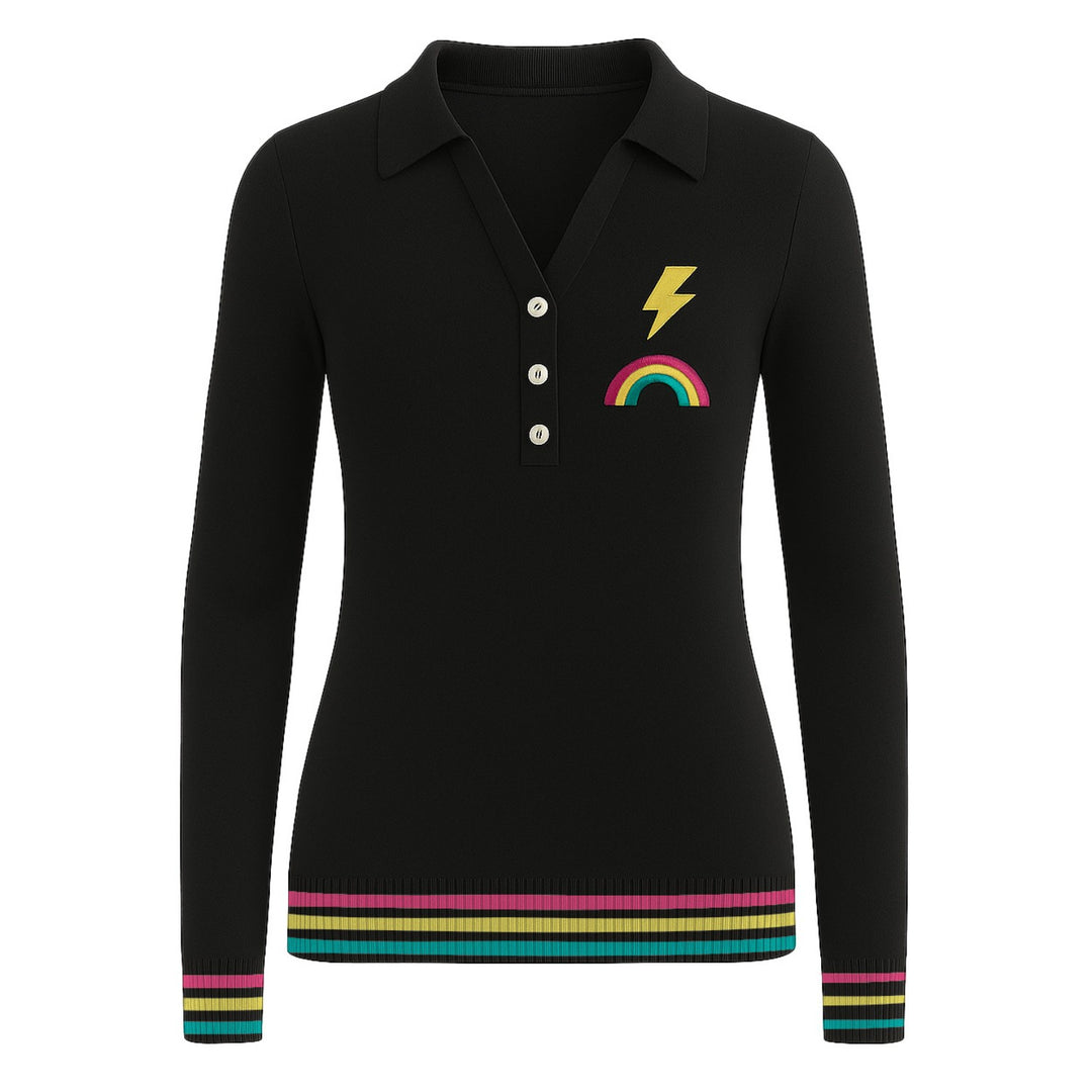 Women's black lightning embroidery stripe V-neck knitwear