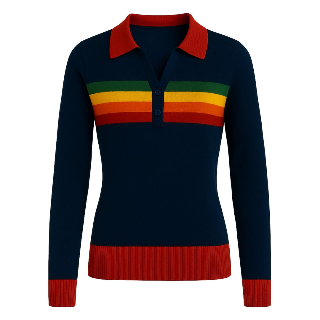 Women's dark blue rainbow stripe V-neck knitwear