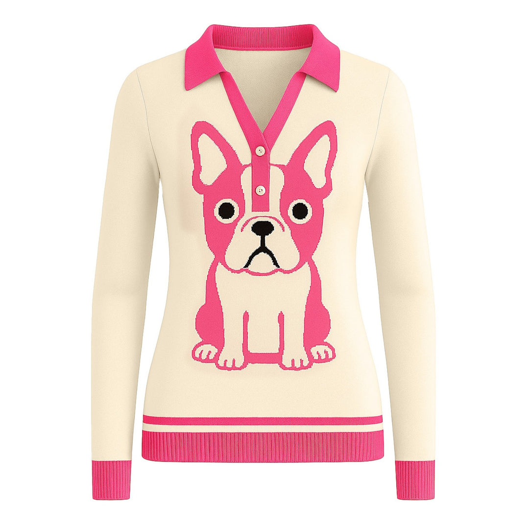 Women's pink French bulldog jacquard V-neck knitwear