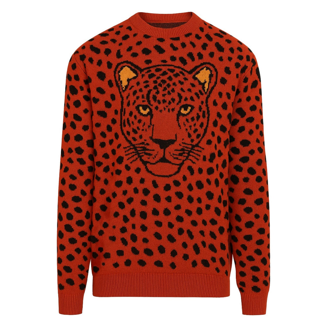 Men's red vintage leopard print jacquard knitwear