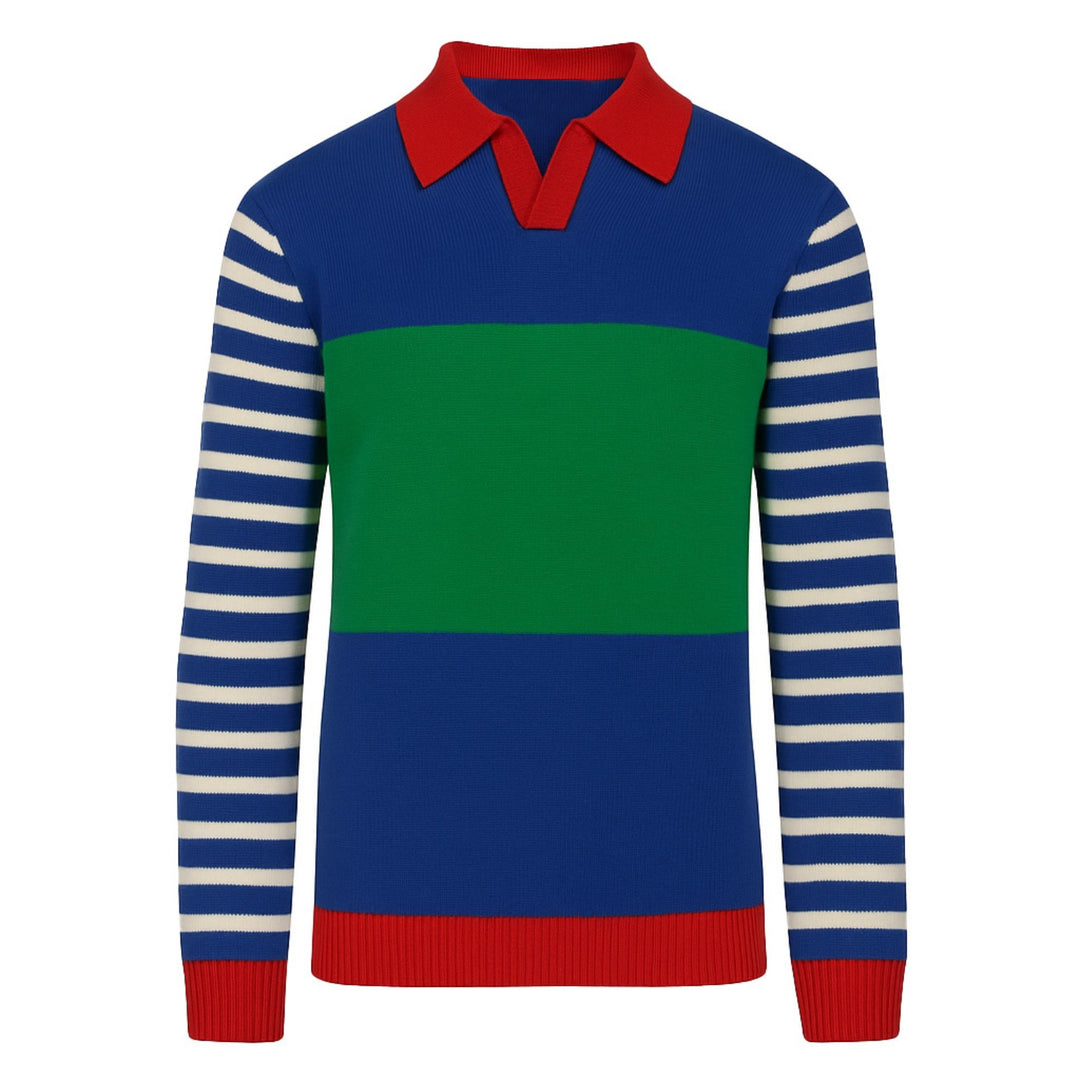 Men's blue striped vintage V-neck polo knitwear