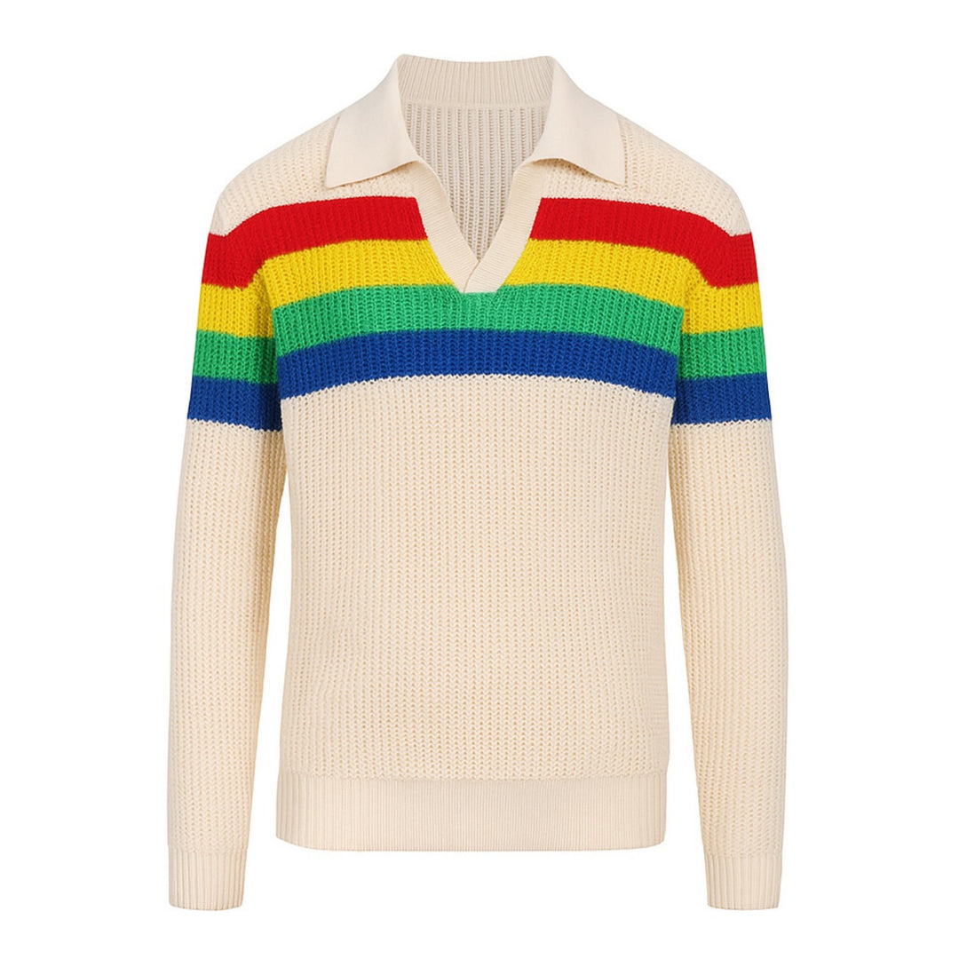 Men's white apricot stripe vintage V-neck knitwear