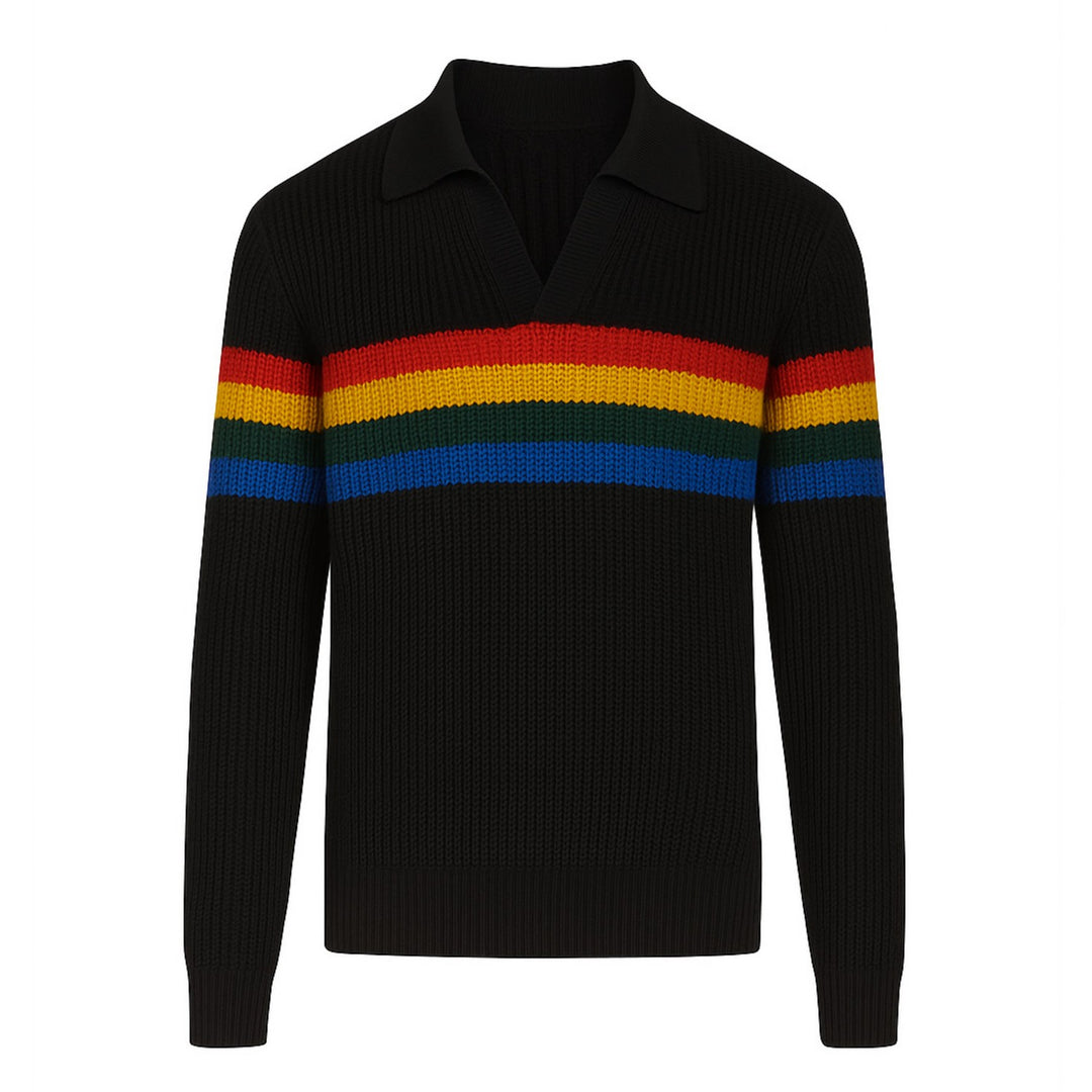 Men's black rainbow stripe V-neck knitwear