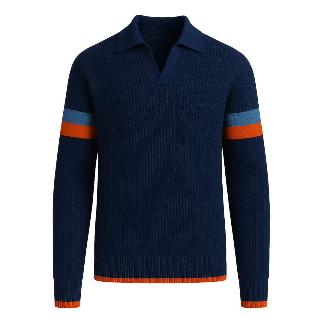 Men's dark blue casual retro V-neck knitwear