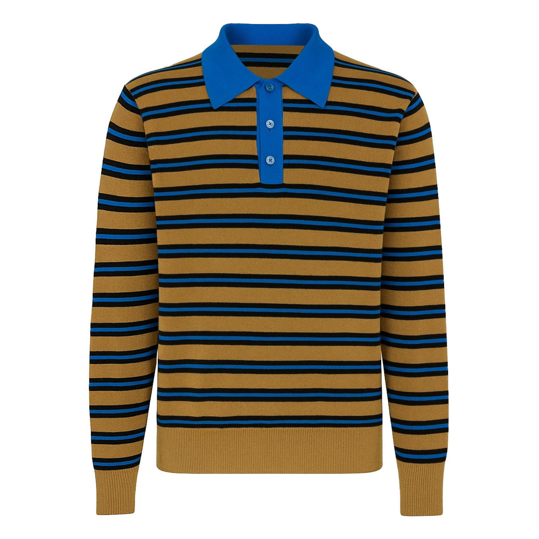 Maglieria polo retrò da uomo in jacquard a righe kaki