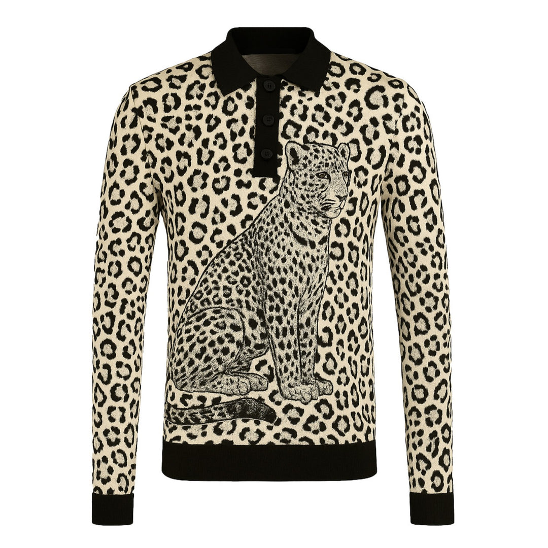 Men's black leopard print rose embroidered polo knitwear
