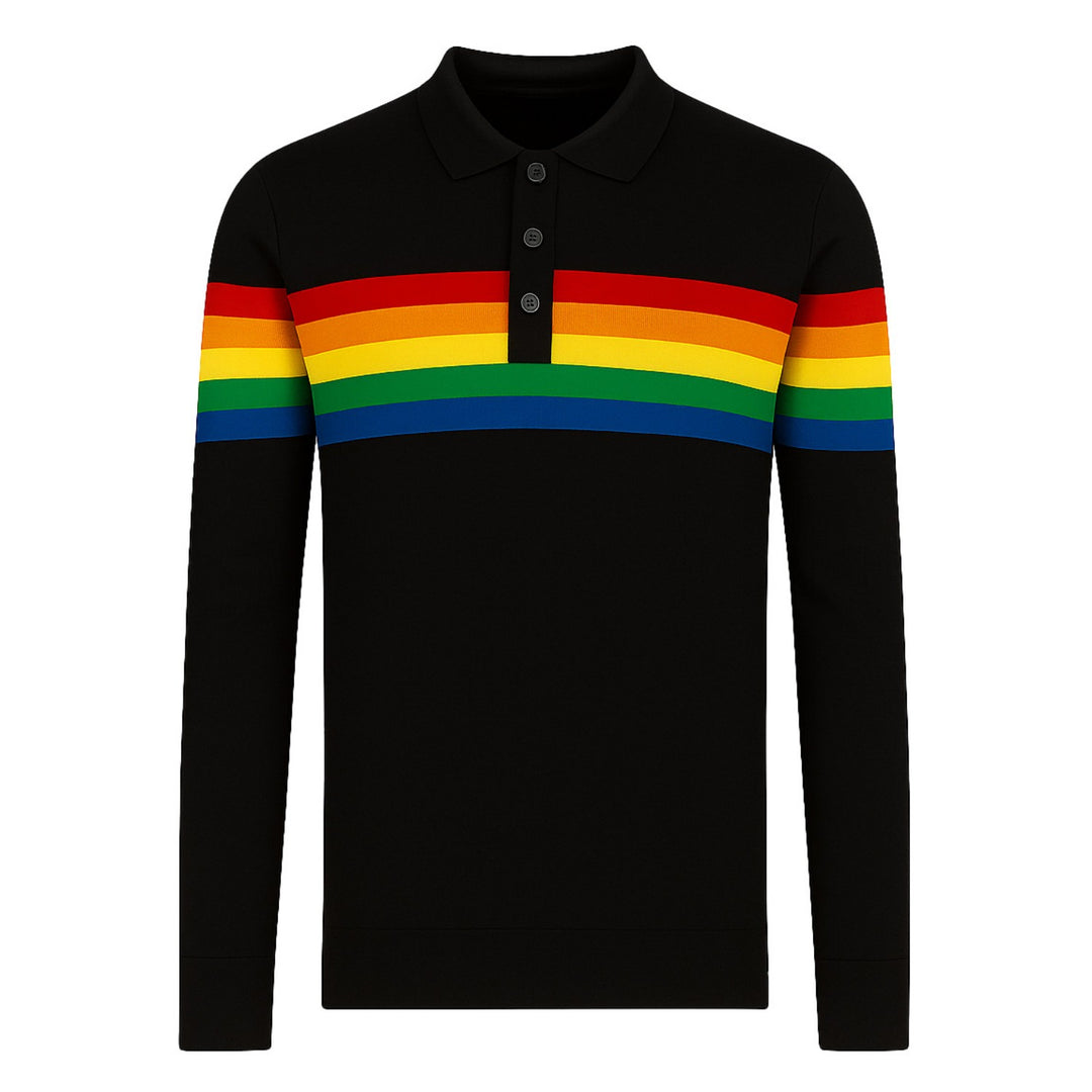 Men's black rainbow striped jacquard polo retro knitwear