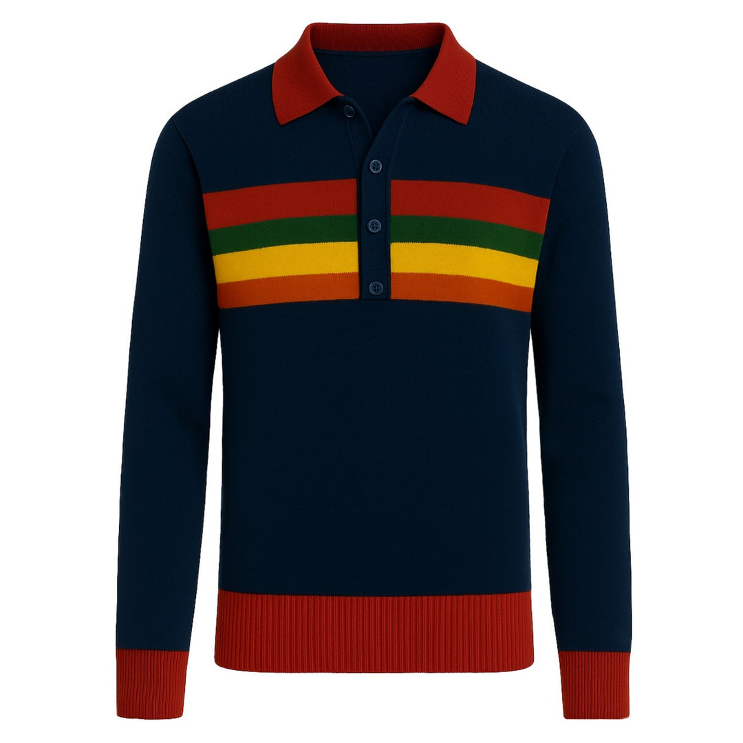 Men's dark blue rainbow retro striped polo knitwear