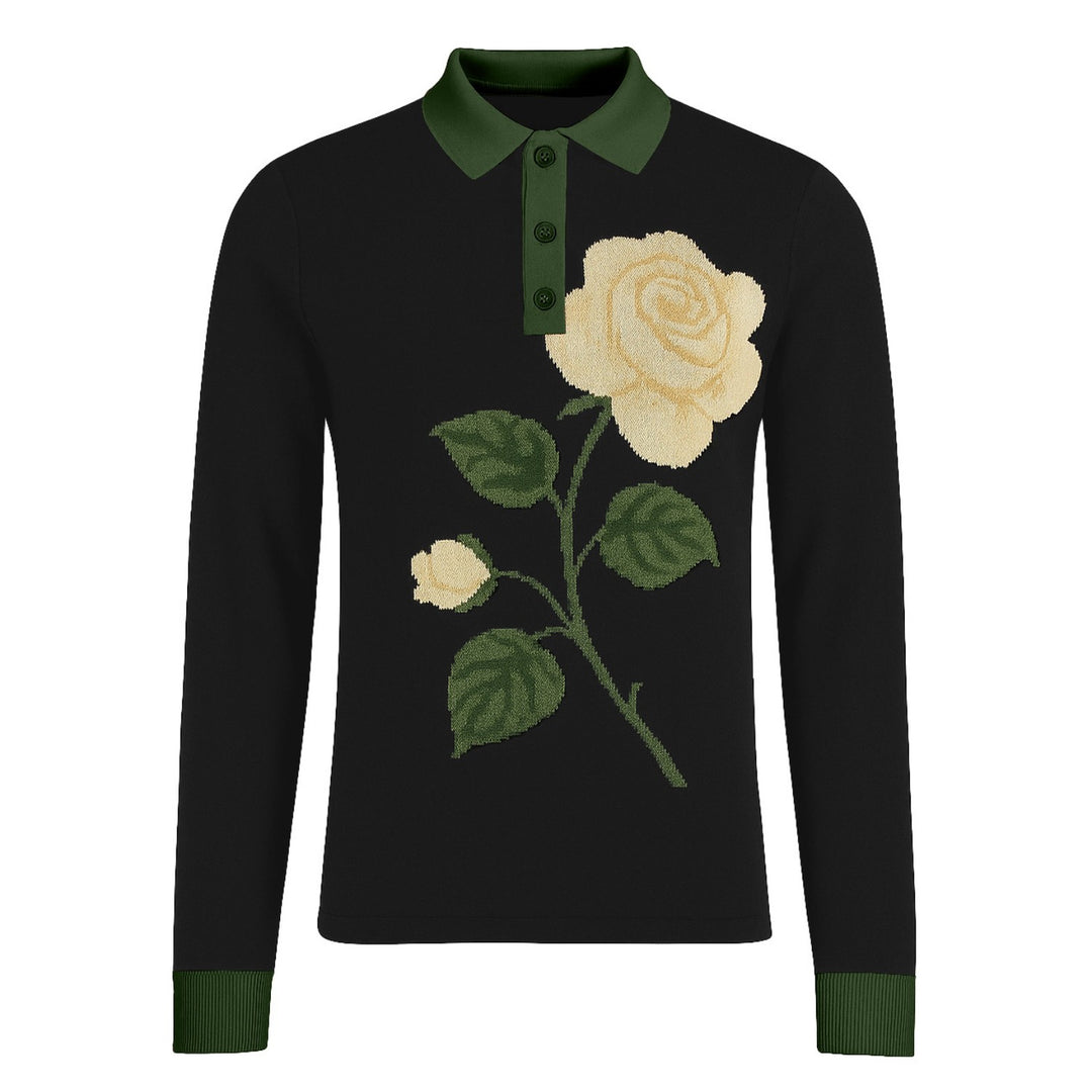 Men's black rose jacquard vintage polo knitwear