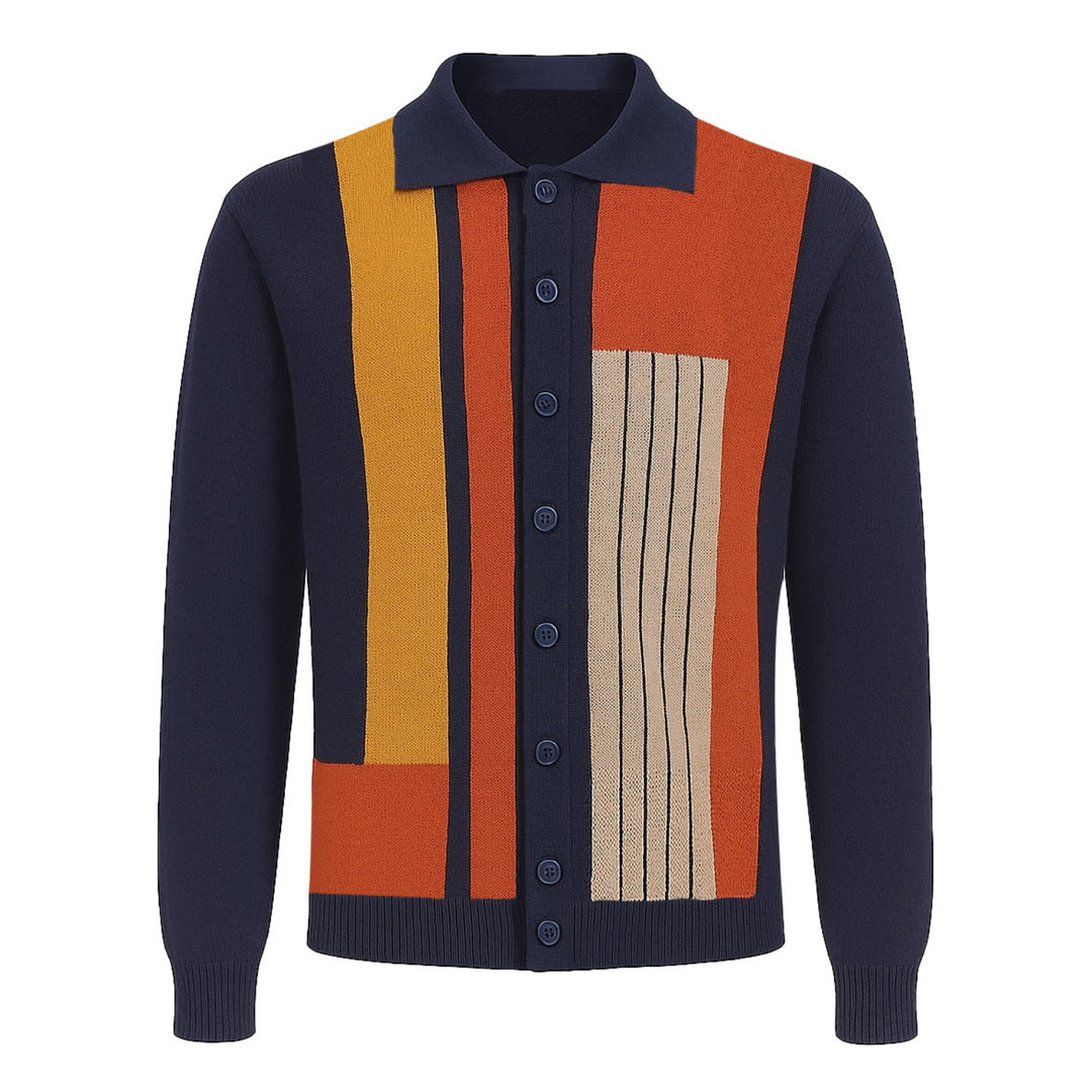 Men's dark blue vintage jacquard knitted cardigan
