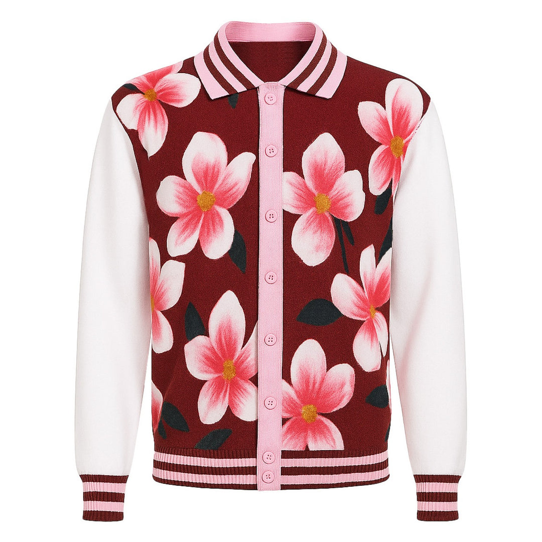 Men's red jacquard vintage knitted cardigan
