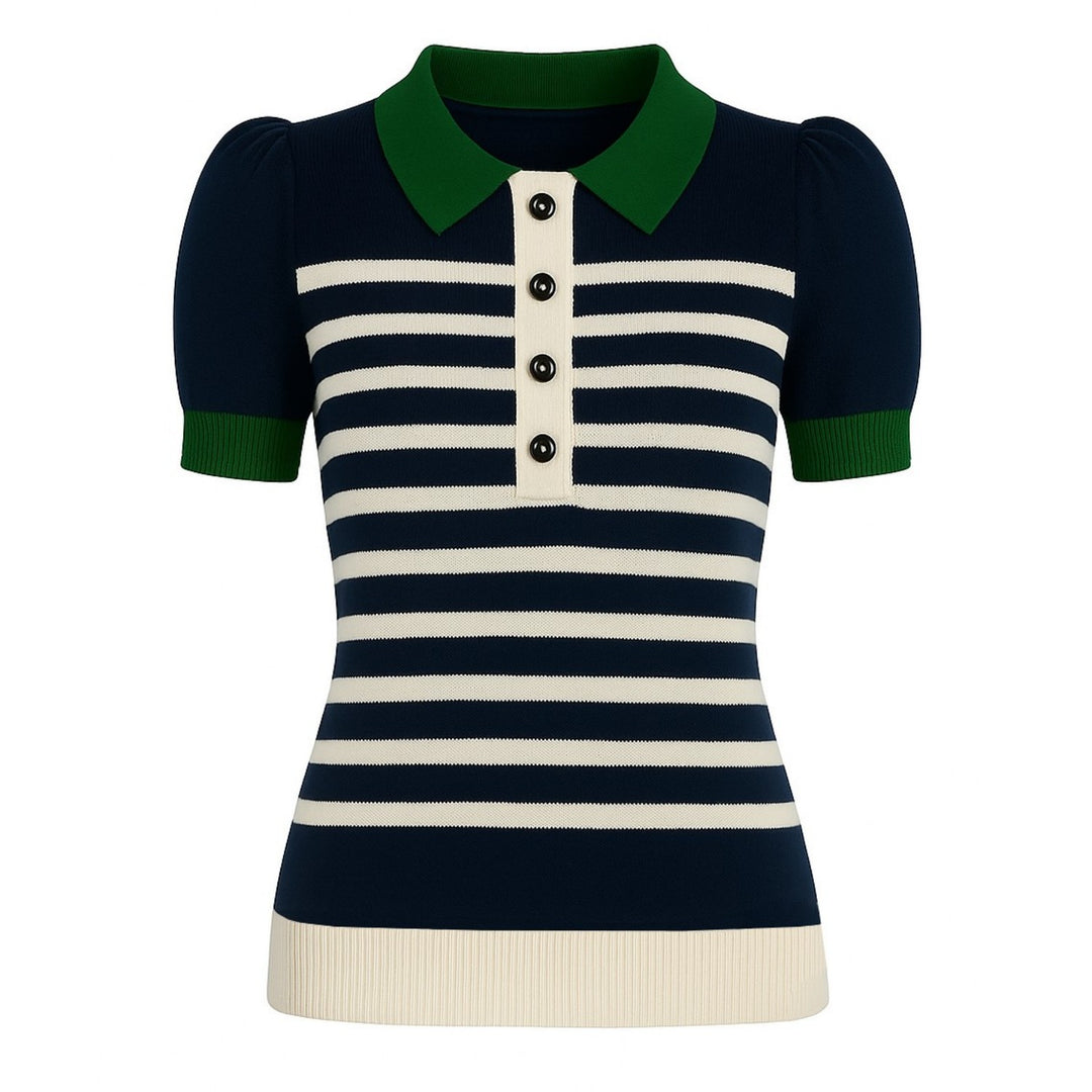 Women's dark blue striped knitted puff sleeve polo