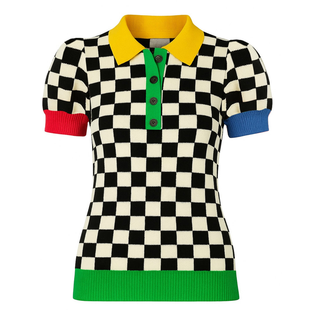 Women's plaid color retro bubble sleeve polo