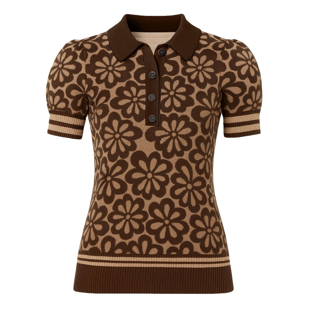 Women's vintage brown jacquard bubble sleeve polo