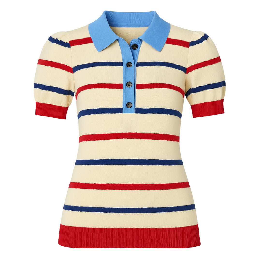 Women's white apricot striped puff sleeve polo